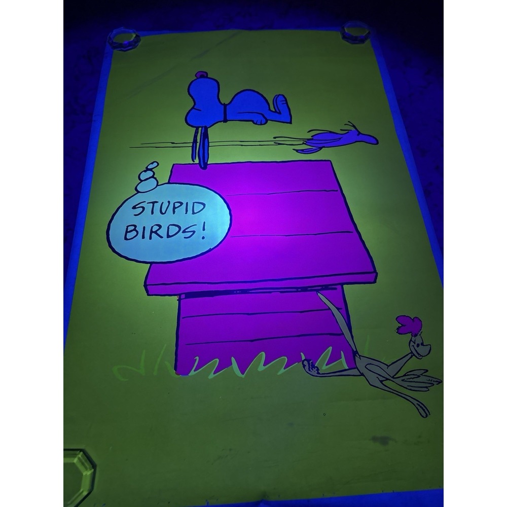 70's Vintage Blacklight Poster Snoopy STUPID BIRDS Roadrunner Woodstock Hippie